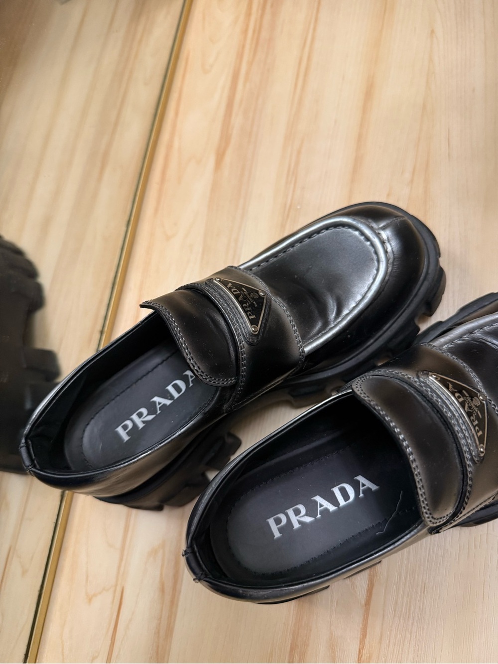 Prada Metallic Black Leather Lug-Sole Penny Loafers - Picture 5 of 8